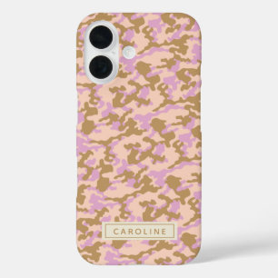 名前パーソナライズされたカモフラージピンクブラウン迷彩柄シック iPhone 16ケース