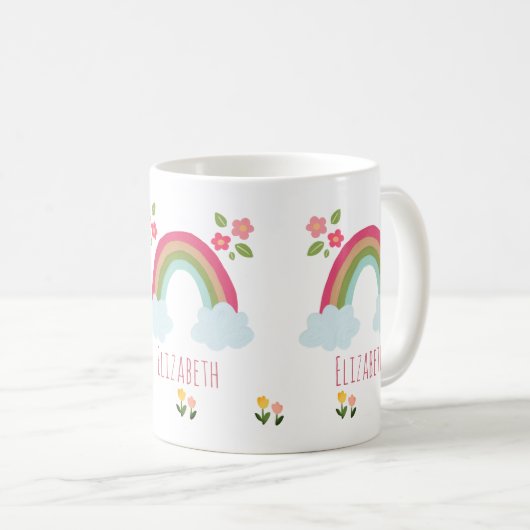 名前パーソナライズされたキッズキュートなレインボーガールピンク コーヒーマグカップ (正面右)
