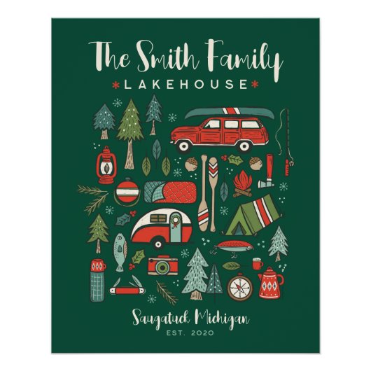 名前パーソナライズされたキャンピングクリスマス ポスター (正面)