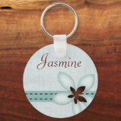 名前パーソナライズされたキーリング – 青いリボンと花 キーホルダー (正面)