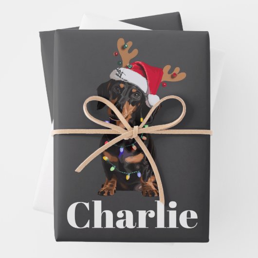 名前パーソナライズされたクリスマスダッシュント犬のライト ラッピングペーパーシート (インサイチュ)