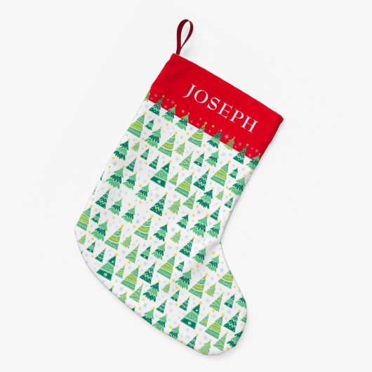 名前パーソナライズされたクリスマスツリーパターン スモールクリスマスストッキング (正面 (吊り時))