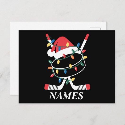 名前パーソナライズされたクリスマスホッケークリスマスサンタ・ハット シーズンポストカード (正面/裏面)
