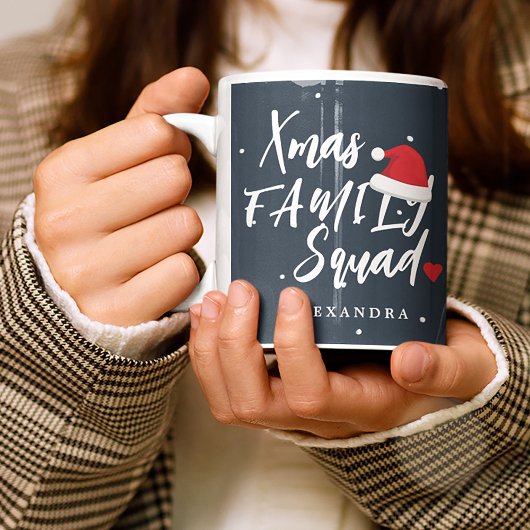 名前パーソナライズされたクリスマス家族の分隊のスクリプト コーヒーマグカップ