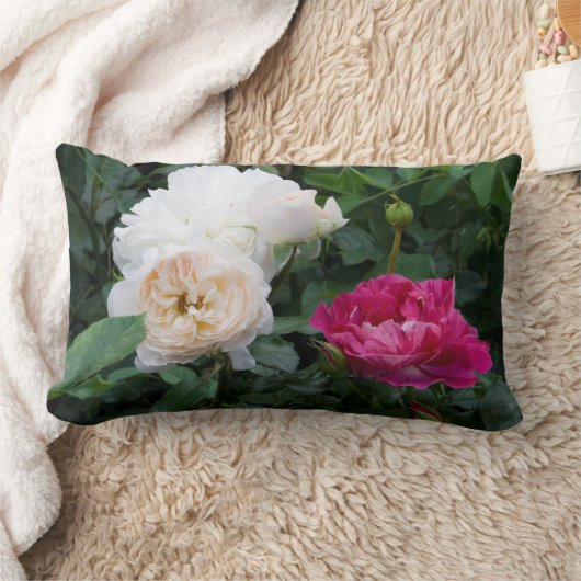 名前パーソナライズされたクリームとピンクの縞模様のバラ ランバークッション (ブランケット)