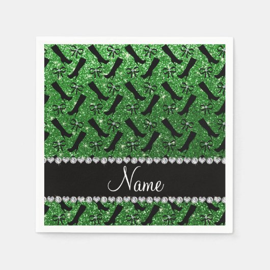 名前パーソナライズされたグリーングリッターブーツ弓 スタンダードカクテルナプキン (正面)