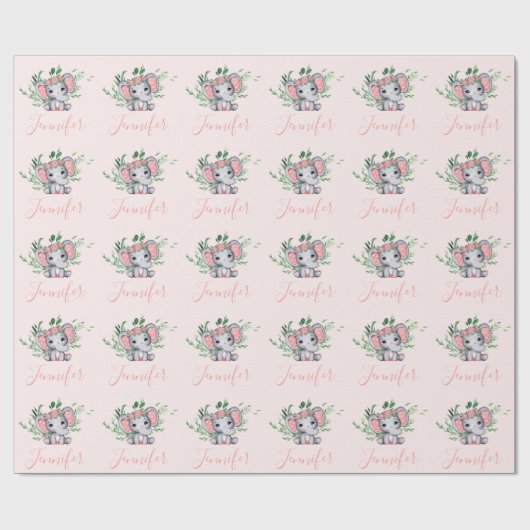 名前パーソナライズされたグリーンリーエレファントベビーガールピンク ラッピングペーパー (フラット)