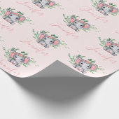 名前パーソナライズされたグリーンリーエレファントベビーガールピンク ラッピングペーパー (角)