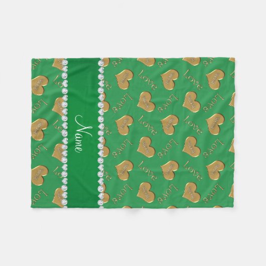 名前パーソナライズされたグリーン金ゴールドハートママ愛 フリースブランケット (正面(横))