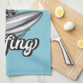 名前パーソナライズされたサーファービッグウェーブスケルトンサーフィン キッチンタオル (四つ折り)