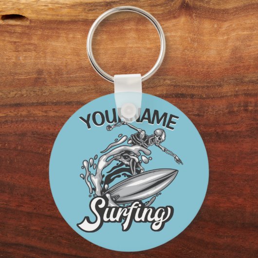 名前パーソナライズされたサーファービッグウェーブスケルトンサーフィン キーホルダー (正面)