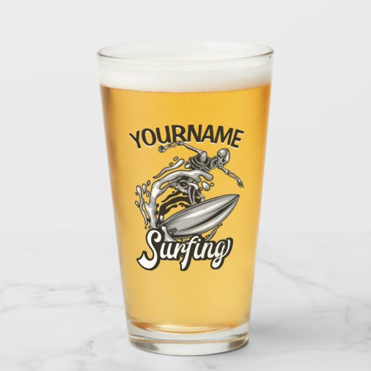 名前パーソナライズされたサーファービッグウェーブスケルトンサーフィン タンブラーグラス (ドリンク正面)