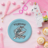 名前パーソナライズされたサーファービッグウェーブスケルトンサーフィン ペーパープレート (パーティー)