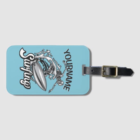 名前パーソナライズされたサーファービッグウェーブスケルトンサーフィン ラゲッジタグ (正面横)