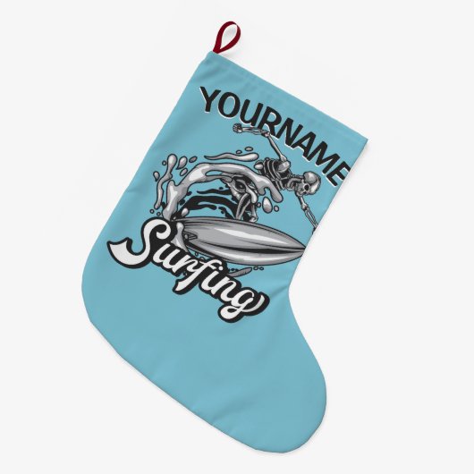 名前パーソナライズされたサーファービッグウェーブスケルトンサーフィン ラージクリスマスストッキング (正面 (吊り時))