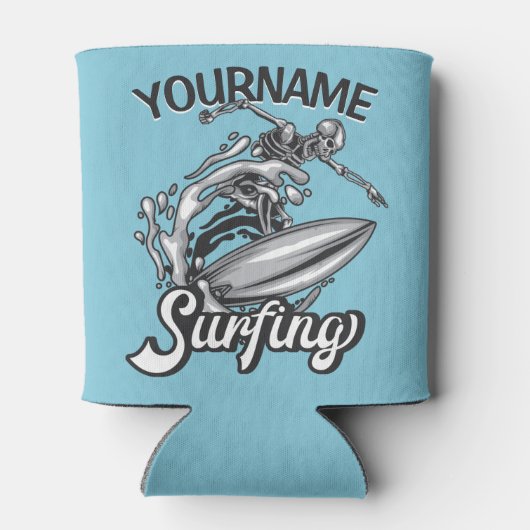 名前パーソナライズされたサーファービッグウェーブスケルトンサーフィン 缶クーラー (裏面)