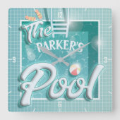 名前パーソナライズされたスイミングプールスプラッシュ夏の太陽 スクエア壁時計 (正面)