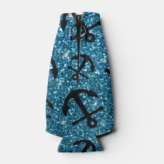 名前パーソナライズされたスカイブルーグリッターいかり ボトルクーラー (裏面)