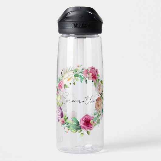 名前パーソナライズされたスクリプト花リースバラ ウォーターボトル (背面)