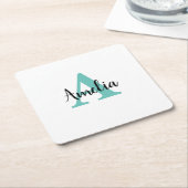 名前パーソナライズされたターコイズスクリプトモノグラム スクエアペーパーコースター (アングル)