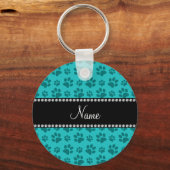 名前パーソナライズされたターコイズ犬の手のプリント キーホルダー (正面)