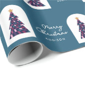 名前パーソナライズされたティール(緑がかった色)市松模様にクリスマスツリー ラッピングペーパー (ロールコーナー)