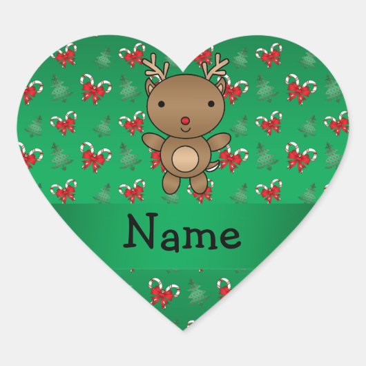 名前パーソナライズされたトナカイ緑のキャンディ弓 ハートシール (正面)
