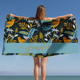 名前パーソナライズされたトロピカルパターン背景 ビーチタオル