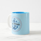 名前パーソナライズされたネイビーブルー航海のいかりマリン ツートーンマグカップ (正面左)