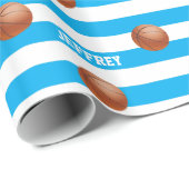 名前パーソナライズされたバスケットボールブルー白ストライプ ラッピングペーパー (ロールコーナー)