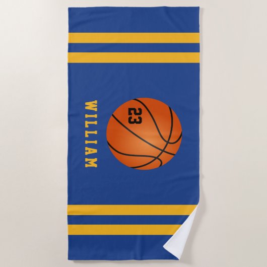 名前パーソナライズされたバスケットボールブルー黄ストライプ色 ビーチタオル (正面)