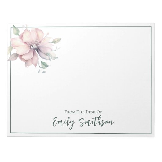 名前パーソナライズされたピンクと緑のフローラメモ帳 ノートパッド (正面)