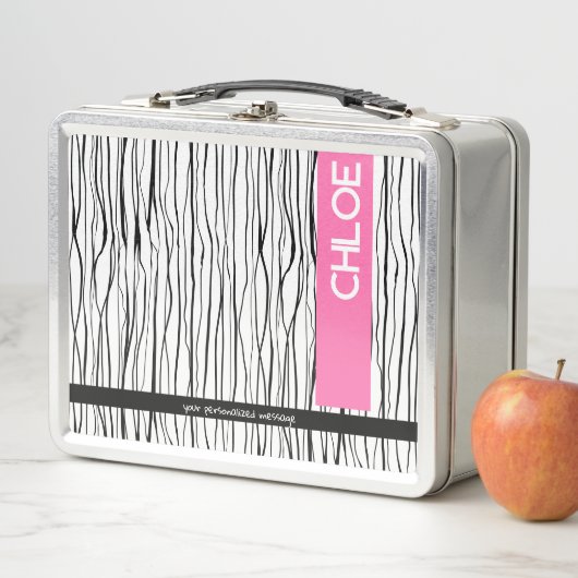 名前パーソナライズされたピンクと黒モダン メタルランチボックス (インサイチュ)