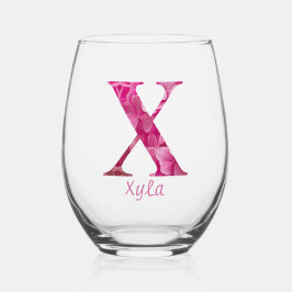 名前パーソナライズされたピンクエレガントフローラモノグラム「X」 ステムなしワイングラス