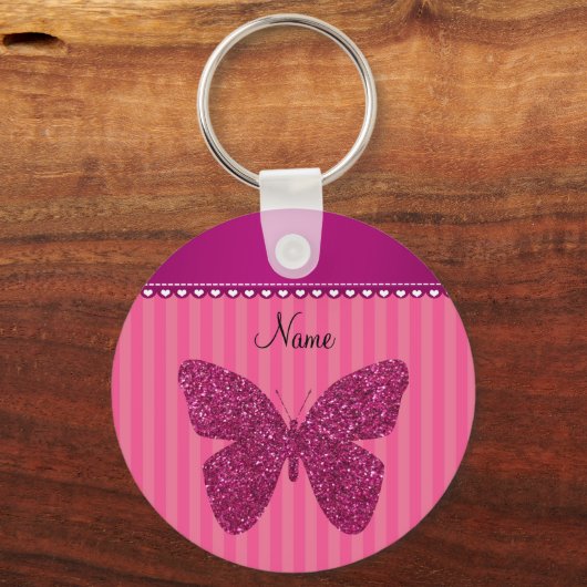 名前パーソナライズされたピンクグリッター蝶 キーホルダー (正面)