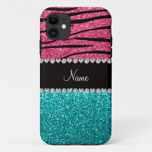 名前パーソナライズされたピンクゼブラターコイズグリッター Case-Mate iPhoneケース (裏面)