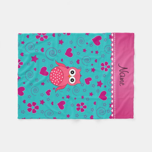 名前パーソナライズされたピンクフクロウターコイズピンクハート フリースブランケット (正面(横))