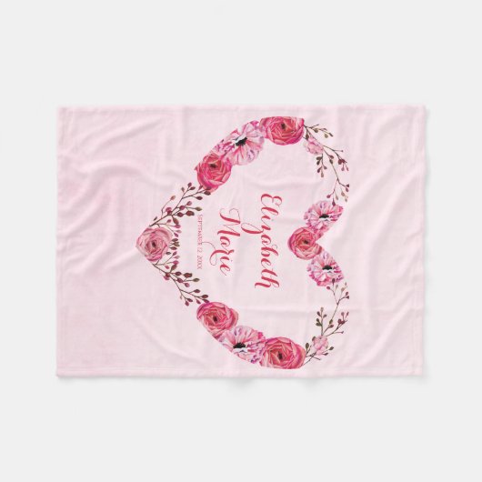 名前パーソナライズされたピンクベビーガールフローラモノグラム フリースブランケット (正面(横))