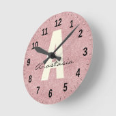 名前パーソナライズされたピンクロセゴールドグリッター ラウンド壁時計 (傾斜)