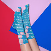 名前パーソナライズされたピンク水玉模様バブル青 ソックス