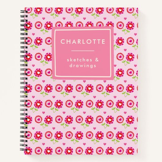名前パーソナライズされたピンク赤い花ハートおもしろい ノートブック (正面)