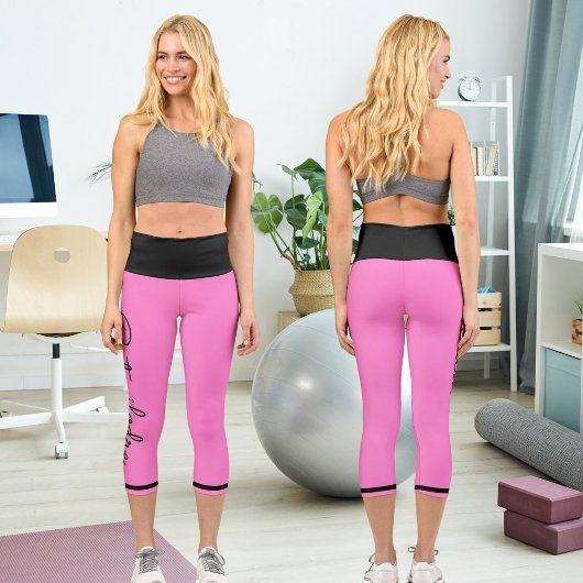 名前パーソナライズされたピンク黒ハイウェイストキャプリス カプリレギンス