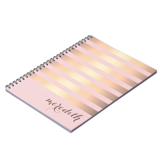 名前パーソナライズされたピンク/金ゴールドメタリックストライプの ノートブック (左側)