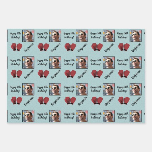 名前パーソナライズされたフォトエイジスポーツボクシング誕生日 ラッピングペーパーシート (正面2)