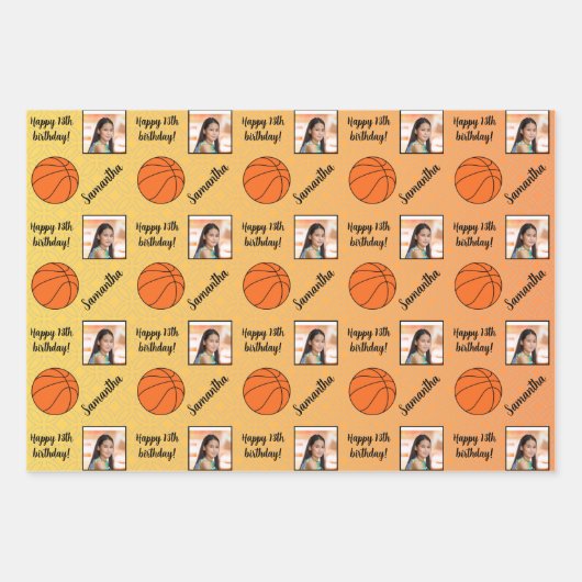 名前パーソナライズされたフォトスポーツバスケットボール誕生日 ラッピングペーパーシート (正面2)