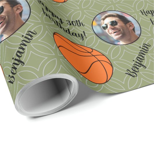 名前パーソナライズされたフォトスポーツバスケットボール誕生日 ラッピングペーパー (ロールコーナー)