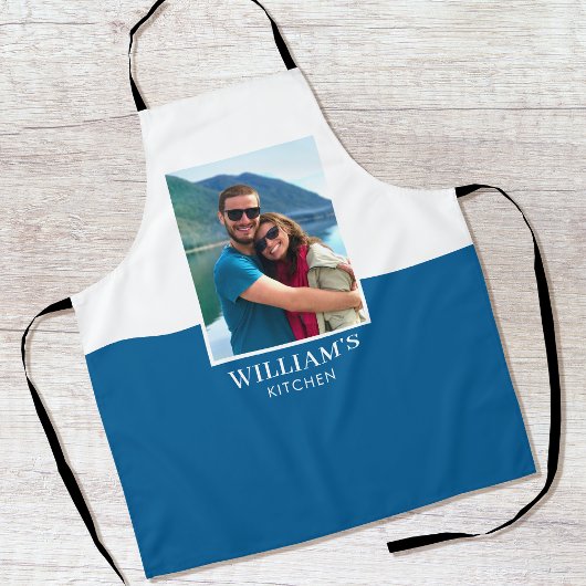名前パーソナライズされたフォトブルー白モダン エプロン