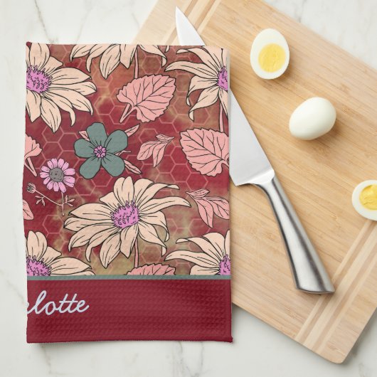 名前パーソナライズされたフローラのシームレスなパターン キッチンタオル (四つ折り)
