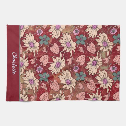 名前パーソナライズされたフローラのシームレスなパターン キッチンタオル (横)