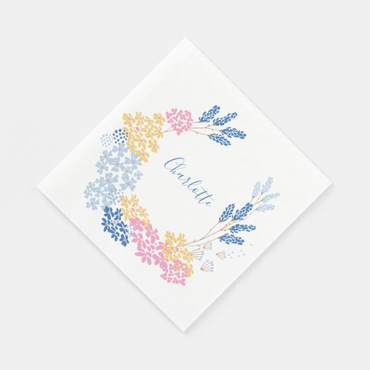 名前パーソナライズされたフローラリースパステルピンクブルー スタンダードランチョンナプキン (角)